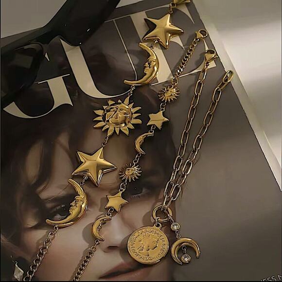 Gold Moon Star Sun Two Piece Chain Bracelet Set - Picture 7 of 10